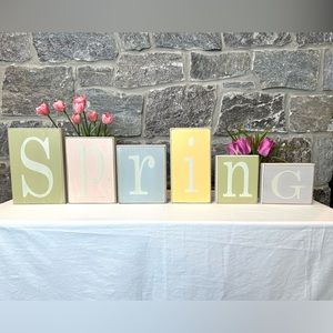 Wooden Blocks spell SPRING in Pastel Colors